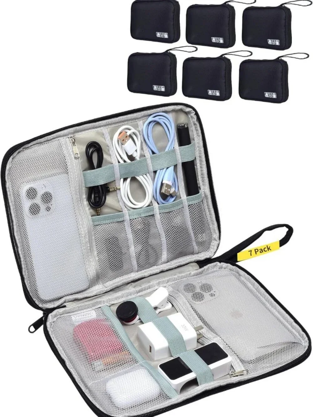 7-Pack Travel Organizer Case for Electronics, Chargers & Cords - Compact